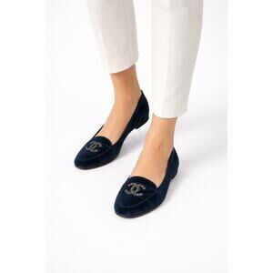 Chanel CC Logo Jeweled Velvet Quilted Slip On Flats Blue Size 39